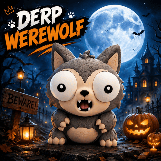 Werwolffigur aus grauem Plüsch mit großen runden Augen und gestricktem Schal