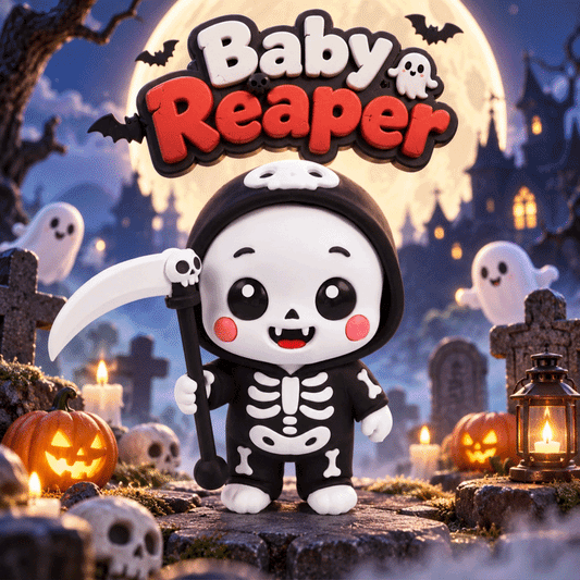 Sensenmann-Figur „Baby Reaper“ mit Sichel, schwarze Kapuze, rote Wangen, Skelettlook