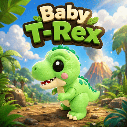 Grüne Baby-T-Rex-Dinofigur mit gestrickter Optik, aufrecht, große Augen