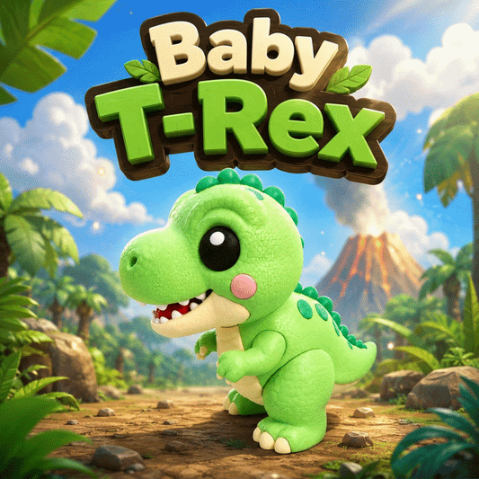 Grüne Baby-T-Rex-Dinofigur mit gestrickter Optik, aufrecht, große Augen