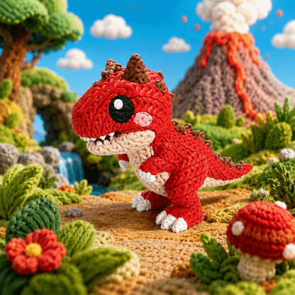 Gestrickte rote Dinofigur Kopf im Detail, beiger Schnauzenbereich und braune Hörner