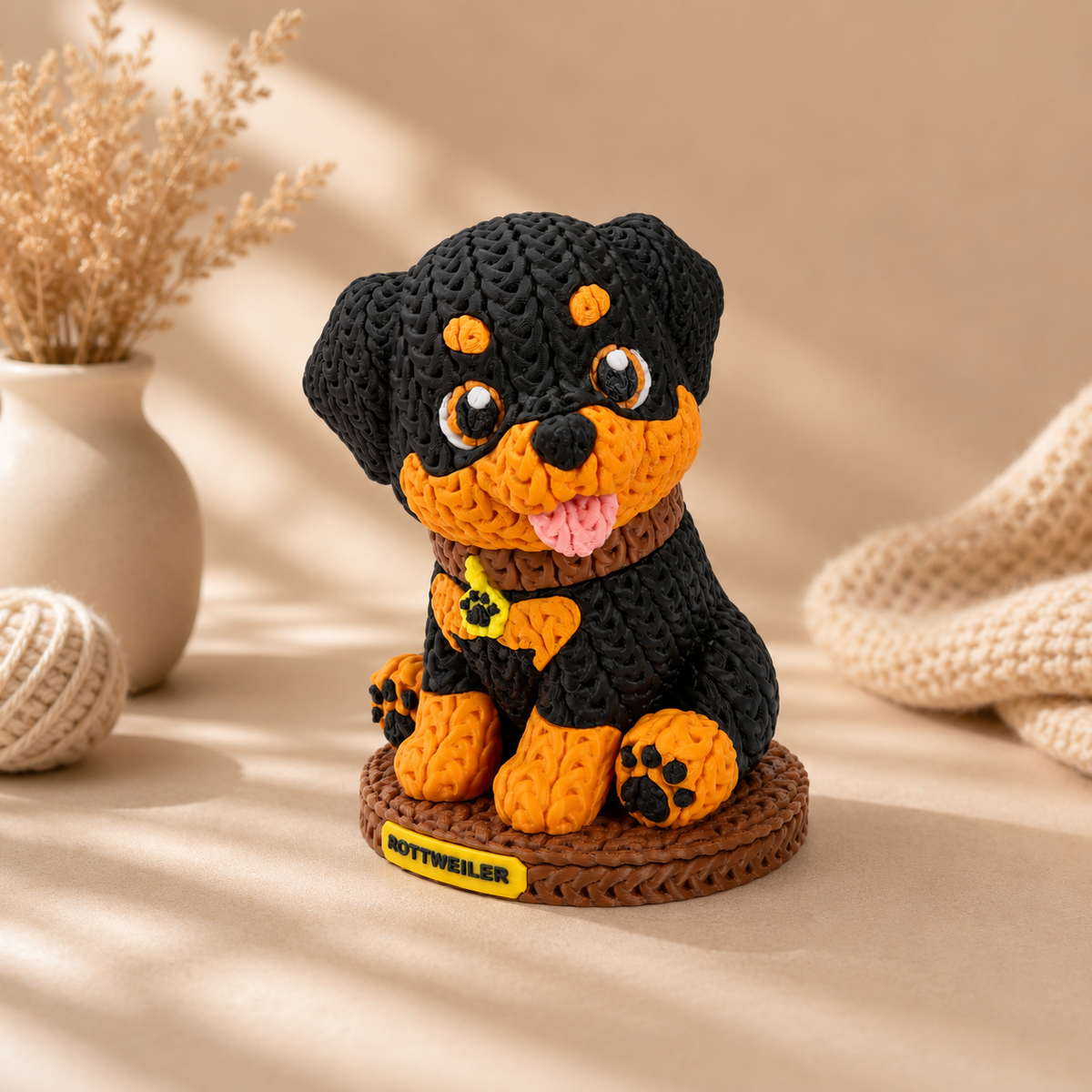 Gestrickte Rottweiler-Dekofigur im Seitenblick, schwarzes Fell mit orangefarbener Brust und Pfoten.