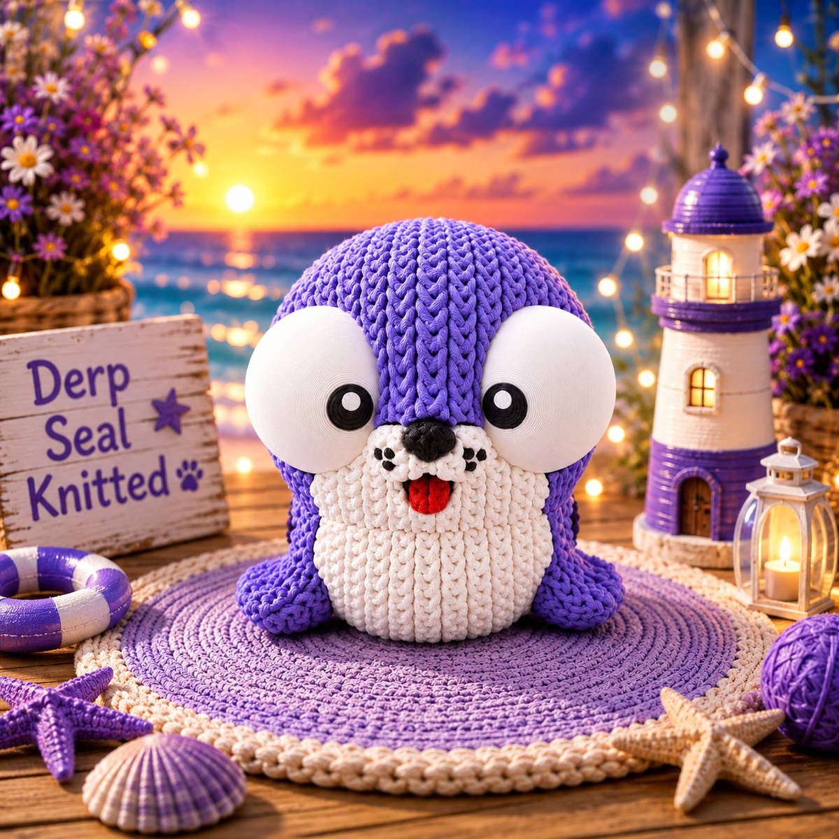 Gestrickte Robbenfigur in Flieder und Weiß mit großen Augen und rotem Mund, frontal