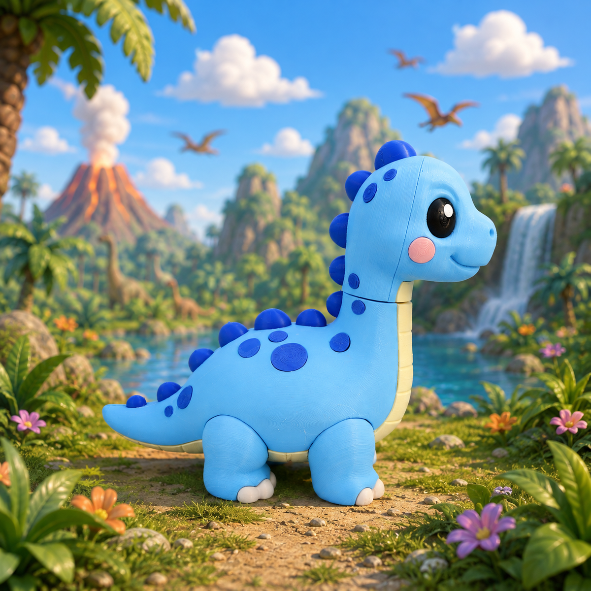 Blauer Baby-Brachiosaurus im Profil mit dunklen Punkten und beigem Bauch
