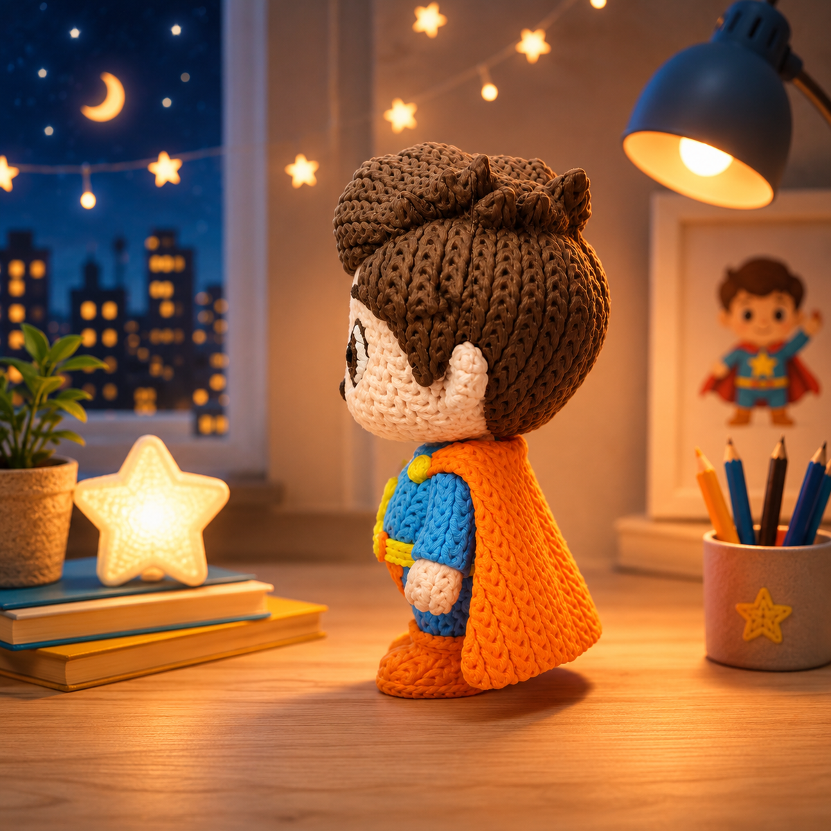 Gestrickte Fantasyfigur im Profil: braunes Häubchen, blau-gelbes Kostüm, orange Schuhe