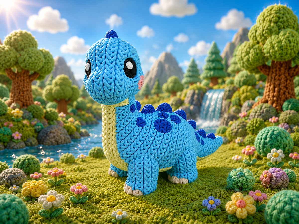Gestrickte Dinofigur Brachiosaurus in Blau mit ausgestrecktem Hals und gelbem Boden