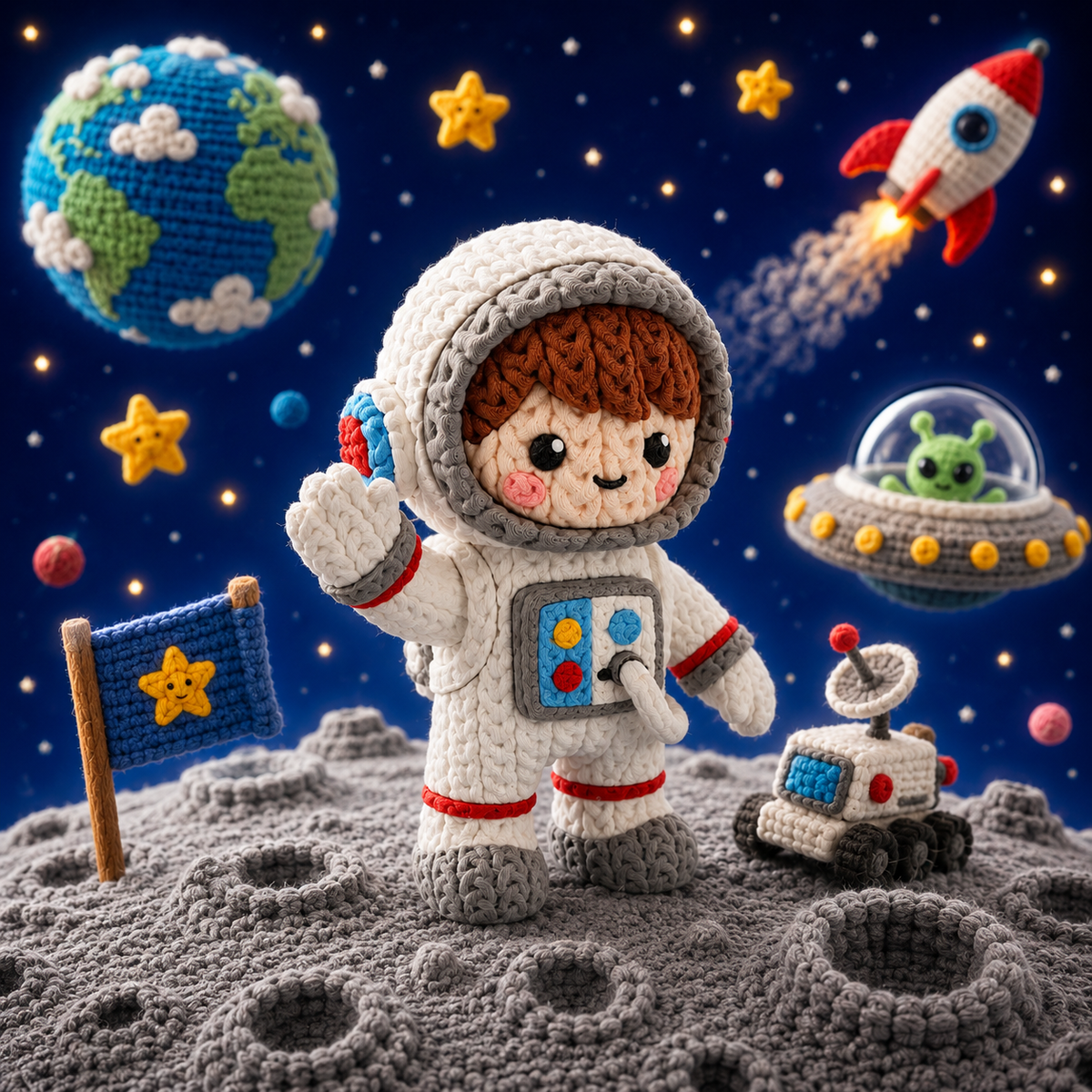 Gestrickte 3D-Astronautenfigur im Raumanzug, weiß/grau mit rotem Rand und Patch auf dem Bauch.