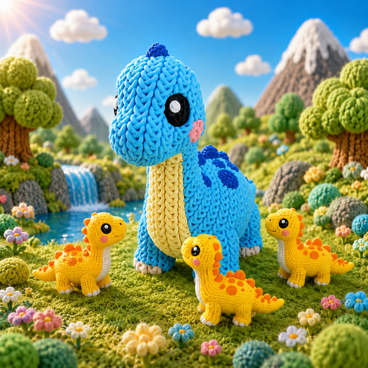 Gestrickte Dinofigur Brachiosaurus in Blau mit gelbem Hals und aufrechter Pose