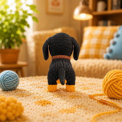 Gestrickte Dackel-Figur, schwarz; Rückansicht mit angedeutetem Schwanz