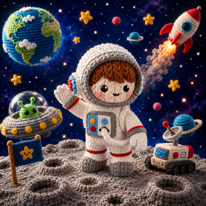 Gestrickte Astronautenfigur Junge im weißen Strickraumanzug mit Kapuze, Hand am Körper