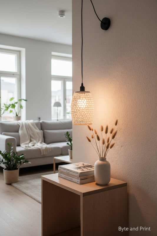 Designer Hängeleuchte mit rundem, perforiertem Schirm aus hellem Gewebe